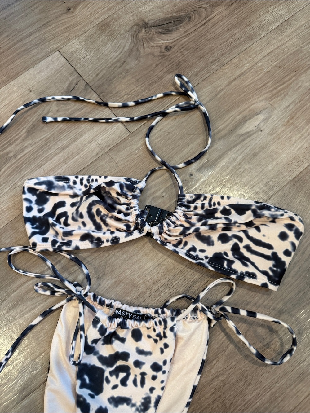 Nasty Gal Cream and Black Leopard Print Tie-String Bikini Set - Picture 2 of 7